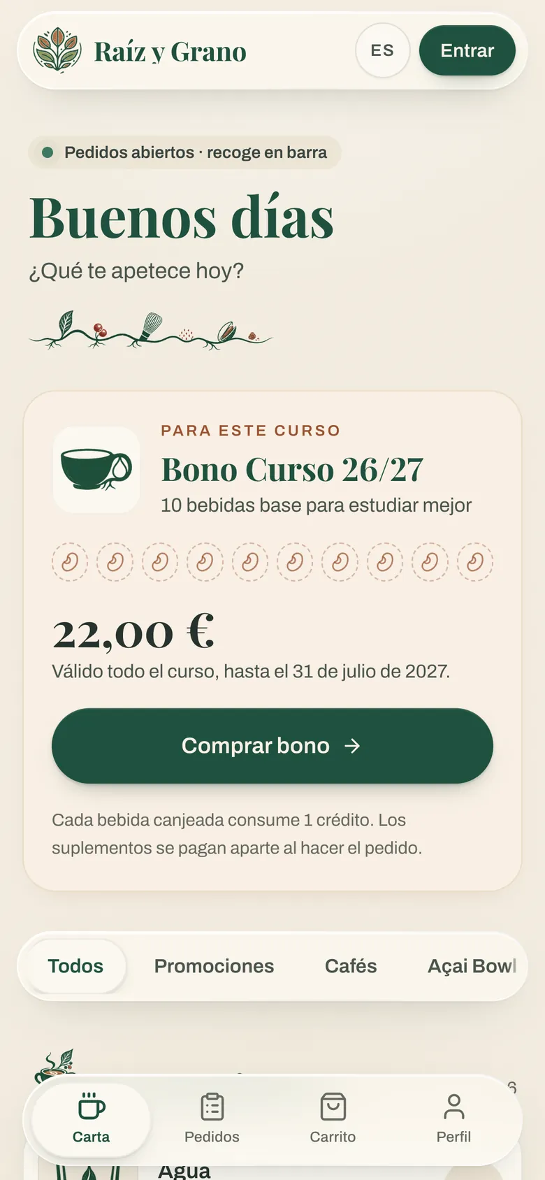 Pantalla de inicio de la app de Raíz y Grano en un móvil, con el saludo, el Bono Curso 26/27 y las categorías de la carta.