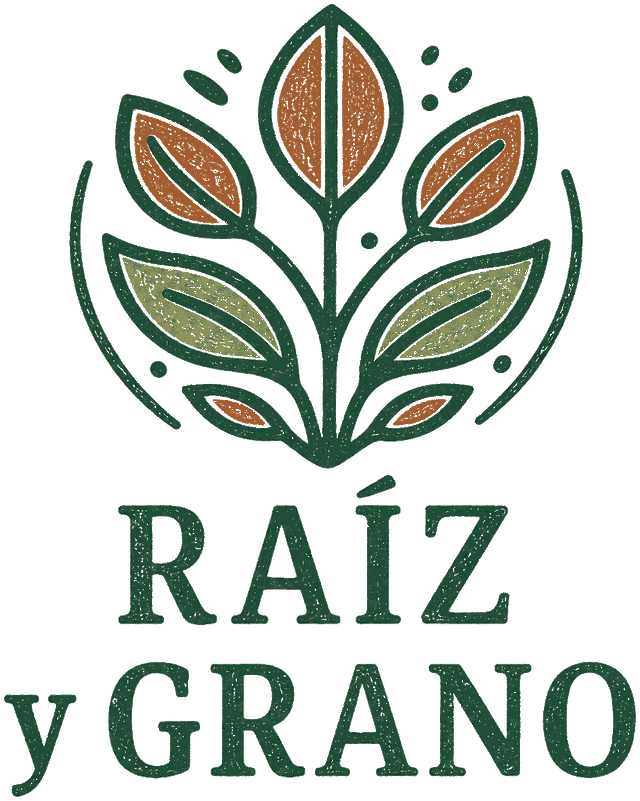 Logotipo de Raíz y Grano: una planta de hojas verdes y ocres sobre las palabras Raíz y Grano